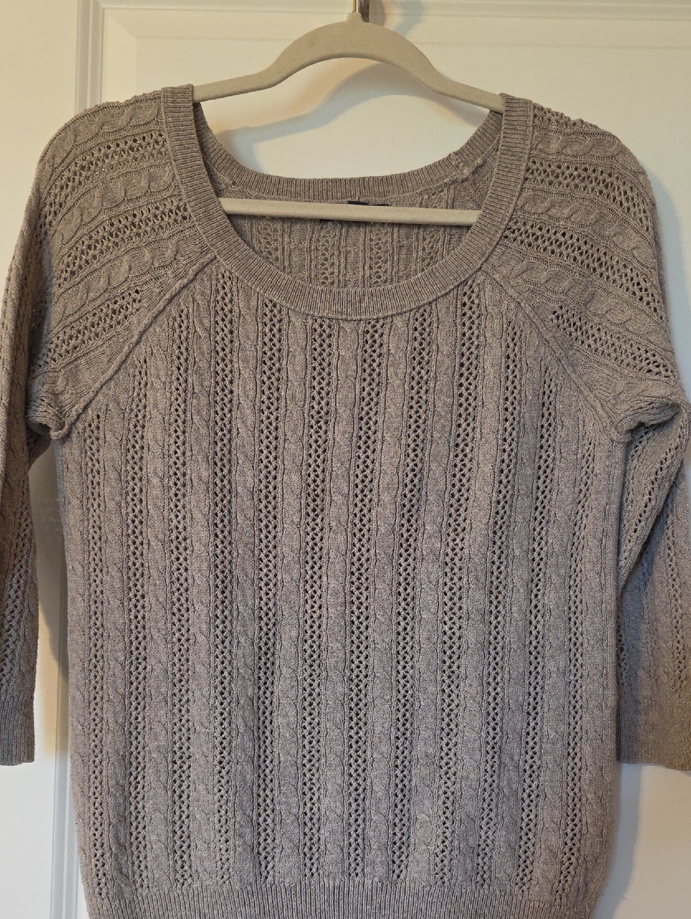 American Eagle Outfitters Light Taupe Open-Stitch Crewneck Sweater